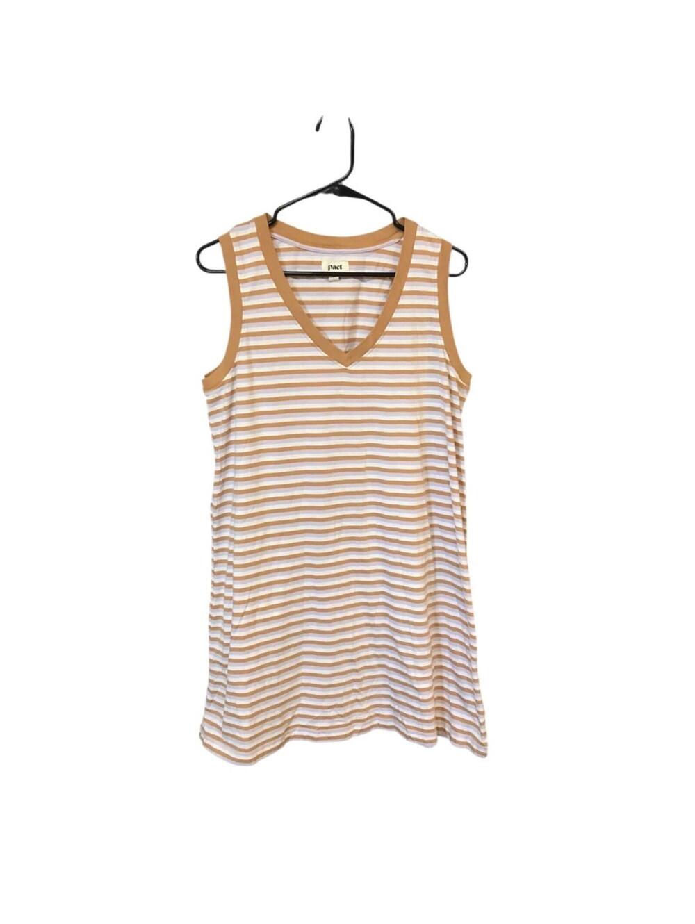 Pact Striped Tank dress women L tan purple sleeveless V-neck organic cotton